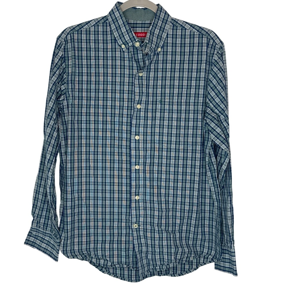 IZOD Mens Small Blue Green Plaid Long Sleeve Button Down‎ Shirt Business Casual